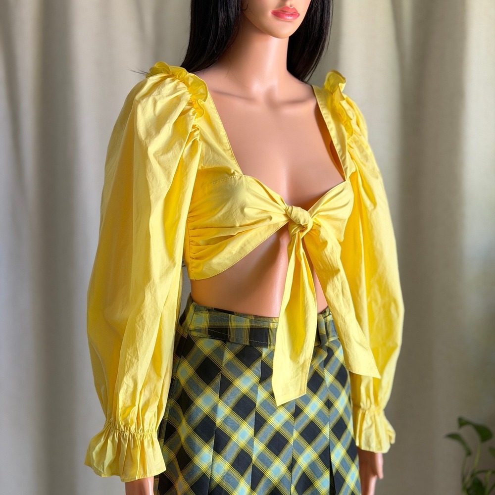 NWT Allina Liu Idun Sunshine Sol Crop Top Yellow Cotton Puff Sleeve Tie Front M